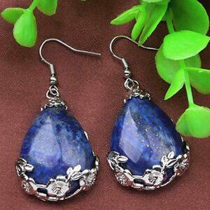 Tibet 925 Silver Drop Lapis Lazuli Flowers Gemstone Hook Earrings Jewelry